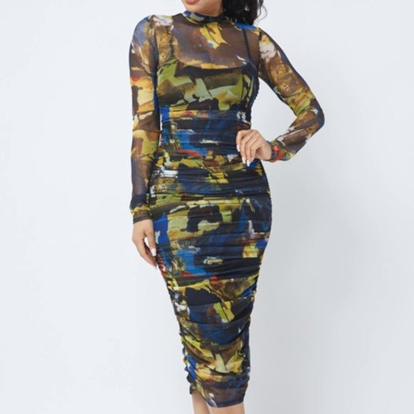 Mock neck print Midi dress w/ruched mesh details - Picture 4 of 8